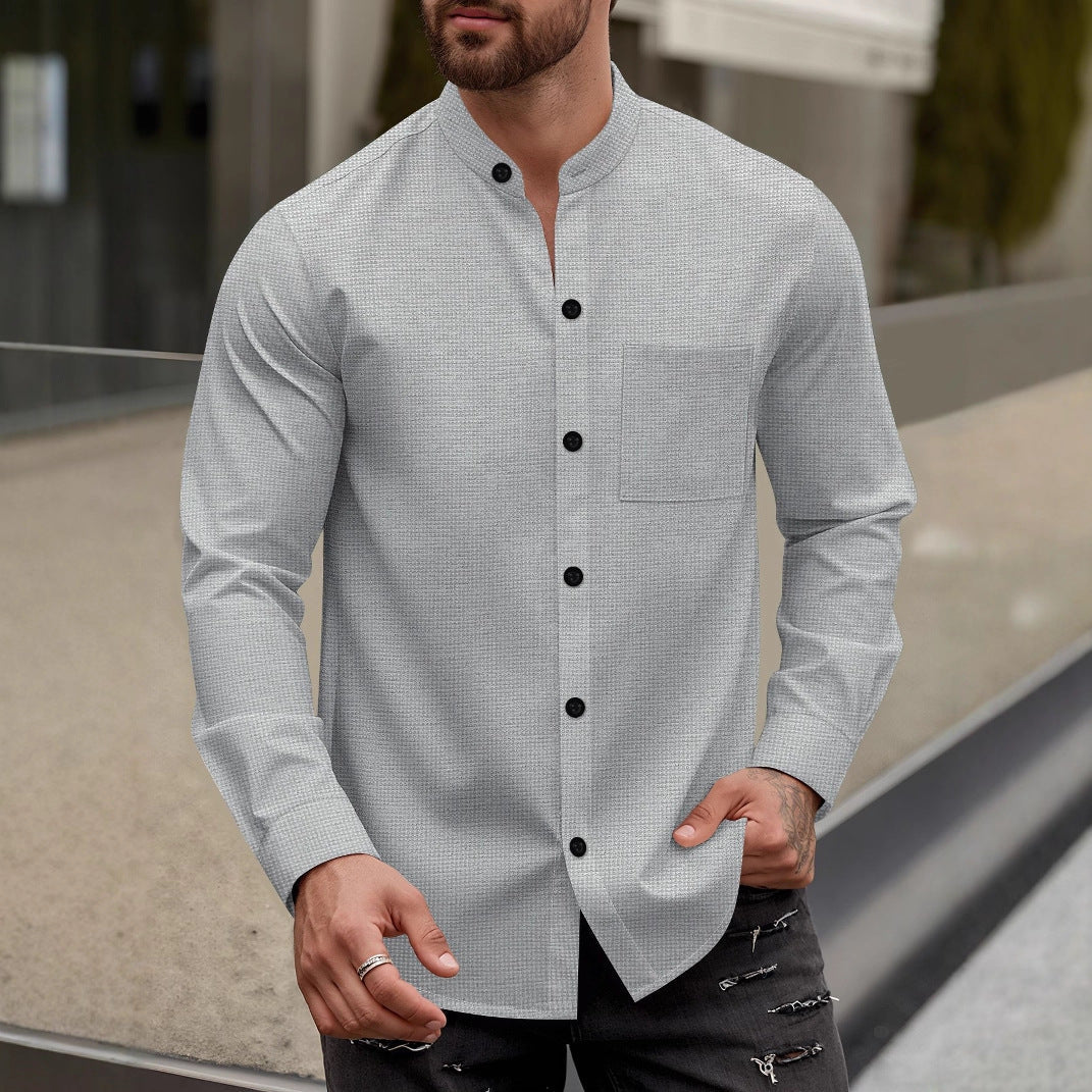 Herren Langarmhemd mit modischem Stehkragen und praktischer Brusttasche R&B