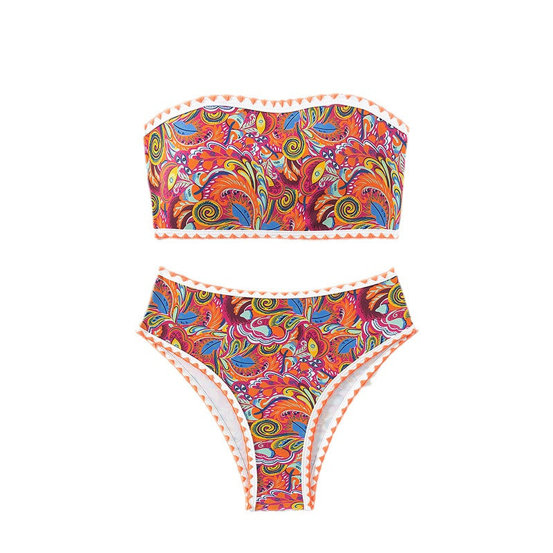 Damen Bandeau-Bikini mit buntem Psychedelic-Design und eleganten Rüschen R&B