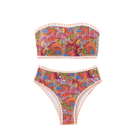 Damen Bandeau-Bikini mit buntem Psychedelic-Design und eleganten Rüschen R&B