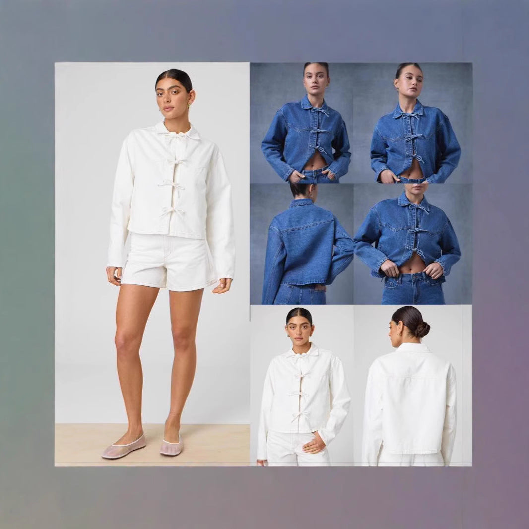 Damen Modernes Denim-Jackett mit Bindegürtel R&B