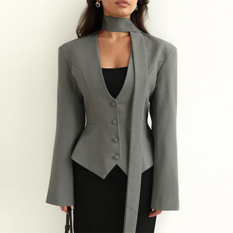 Damen Blazer mit hochgeschlossenem Kragen und voluminösen Ärmeln R&B