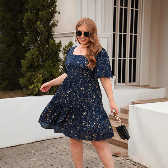 Damen Fließendes Maxikleid mit schimmerndem Sternenprint und weitem Rock R&B
