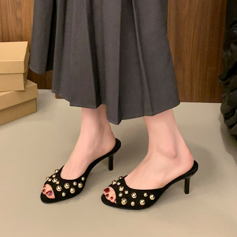Damen Offene Mules mit glänzenden Perlenverzierungen und elegantem Absatz R&B