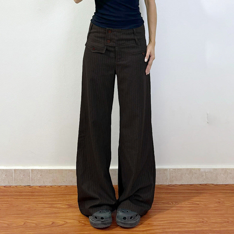 Damen Elegante weit geschnittene Streifenhose mit hoch sitzendem Bund und dekorativen Knopfdetails R&B