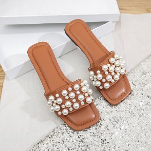 Damen Elegante Slides mit perlenverzierter Riemenstruktur R&B