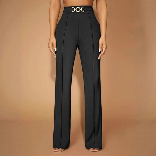 Damen Elegante Hochtaillierte Stoffhose mit diagonalen Nähte und dekorativem Gürtel R&B