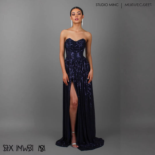 Damen Glitzerndes und schulterfreies Abendkleid mit tiefem Schlitz R&B
