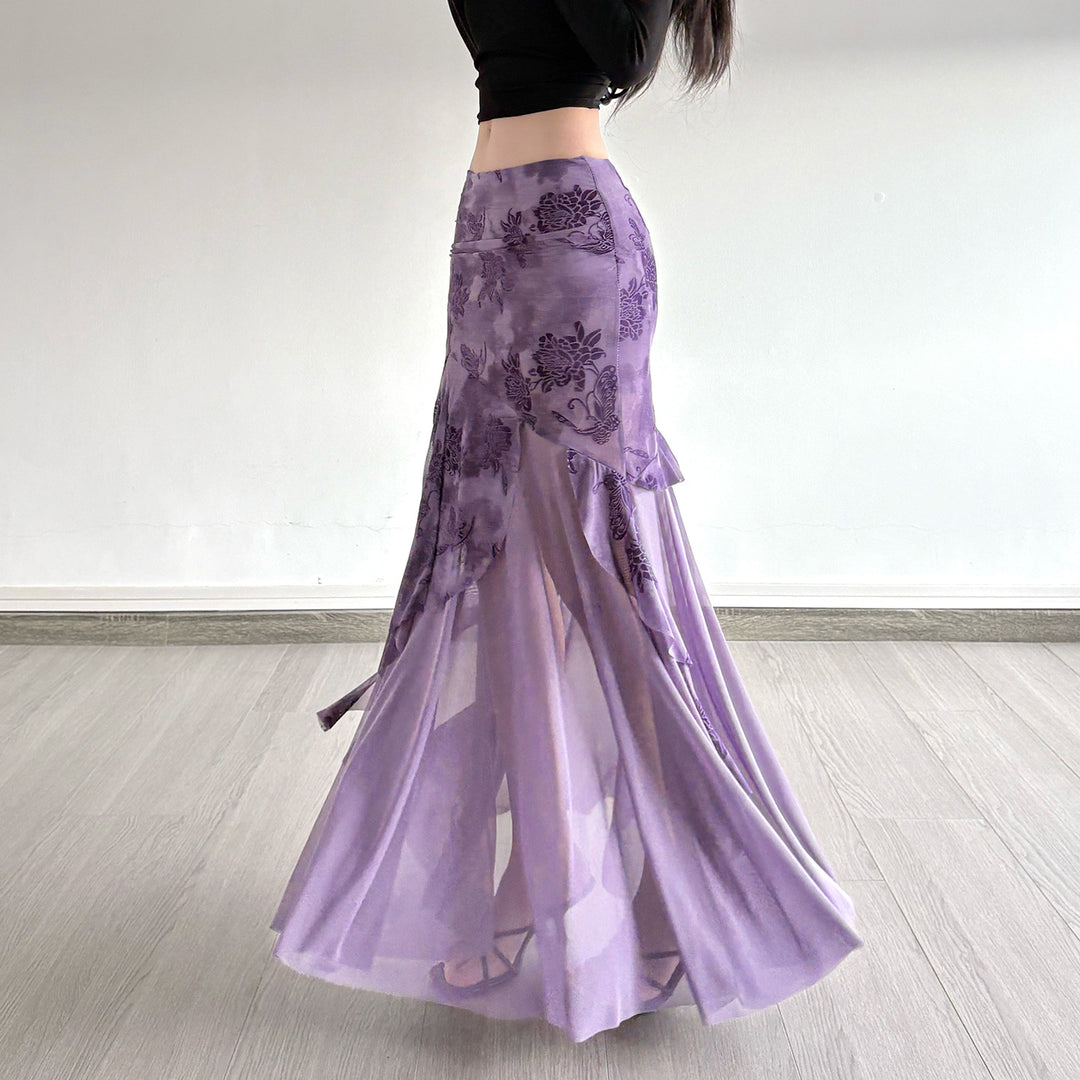 Damen Maxi-Rock mit floralem Design und asymmetrischem Schnitt R&B