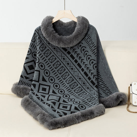 Damen modischer Poncho mit dekorativem Kunstfellkragen R&B