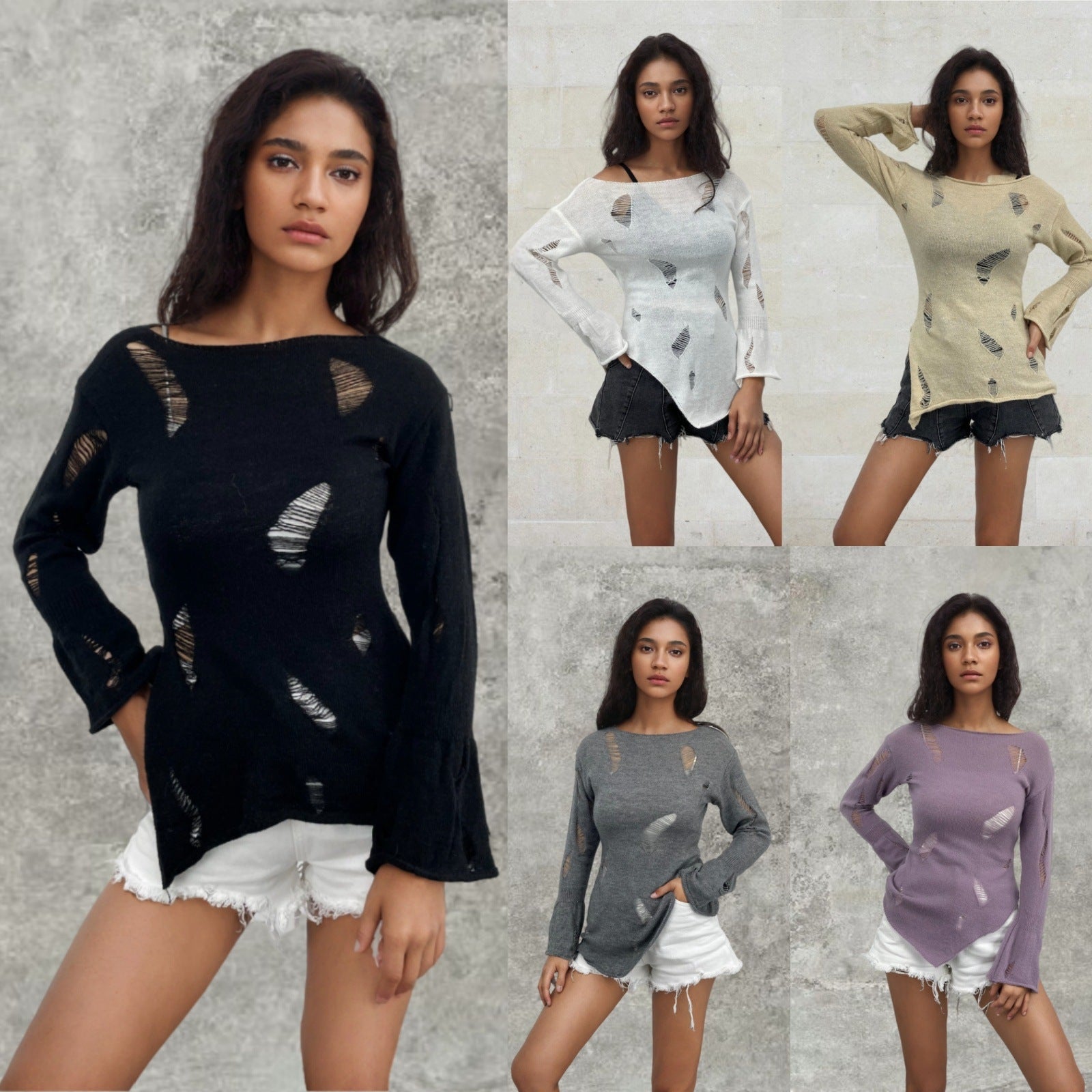 Damen Modischer Strickpullover mit dezenten Lochmuster und lässigem Schnitt R&B