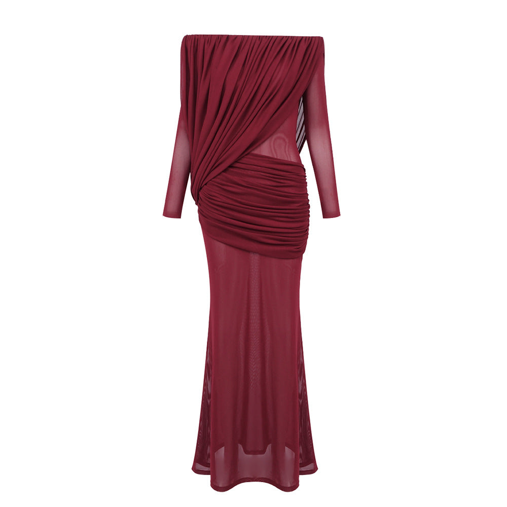 Damen Langarm Maxikleid mit Drapier-Design und schulterfreiem Ausschnitt R&B