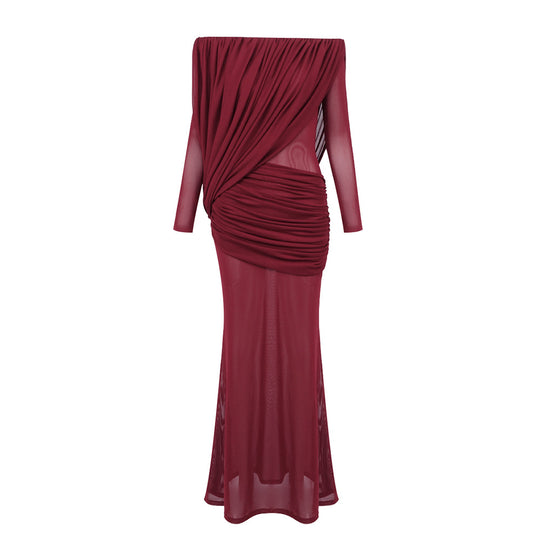 Damen Langarm Maxikleid mit Drapier-Design und schulterfreiem Ausschnitt R&B