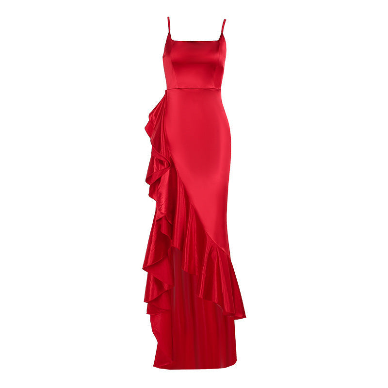 Damen elegantes Maxikleid mit seitlichem Schlitz und fließendem Rüschensaum R&B
