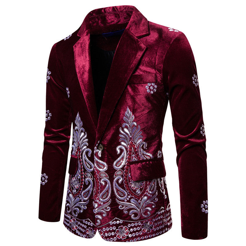 Herren eleganter Samtblazer mit opulenter Stickerei R&B