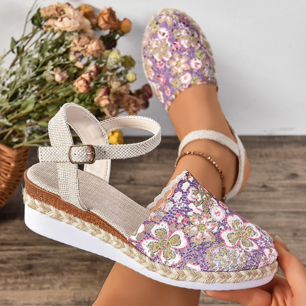 Damen Espadrilles mit Häkel-Design und verstellbarem Riemen R&B