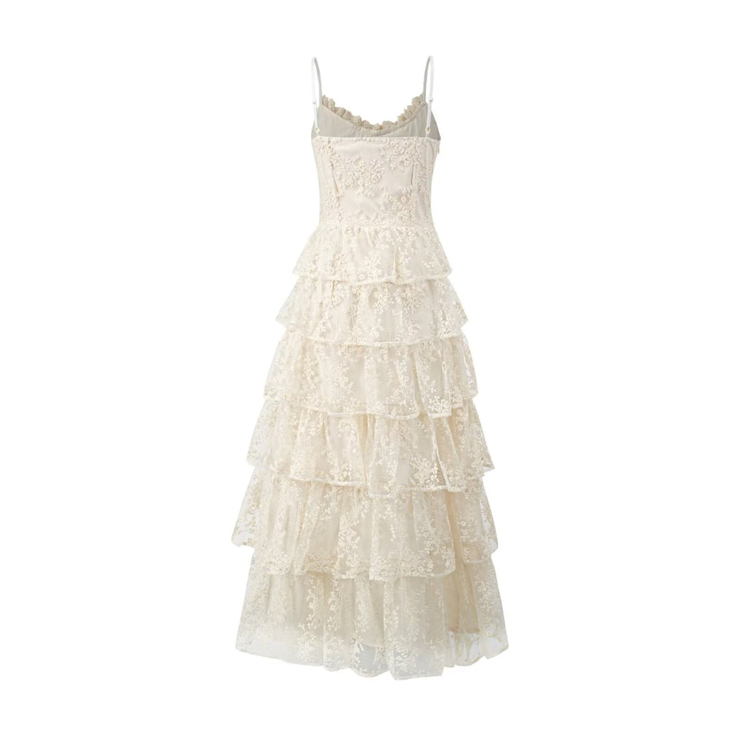Damen romantisches Spitzenmaxikleid mit voluminösen Rüschenschichten R&B