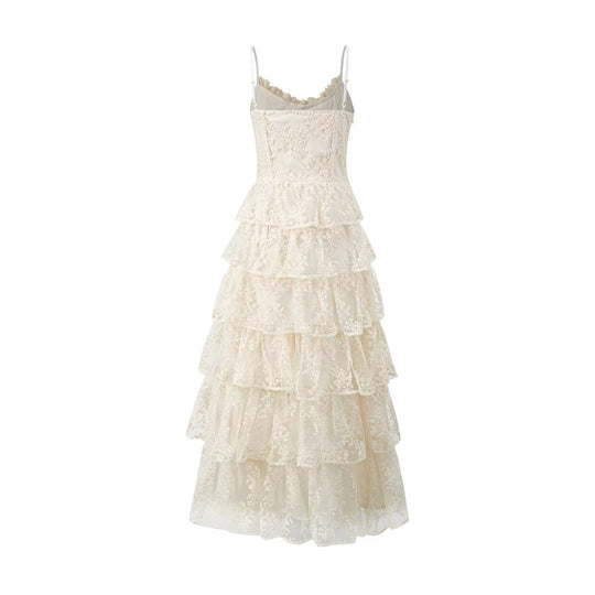 Damen romantisches Spitzenmaxikleid mit voluminösen Rüschenschichten R&B