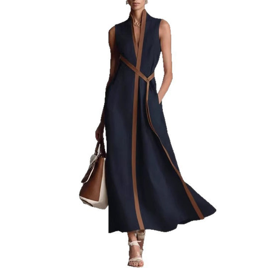 Damen elegantes Maxikleid mit Taillenschnitt und schmalem Gürtel R&B