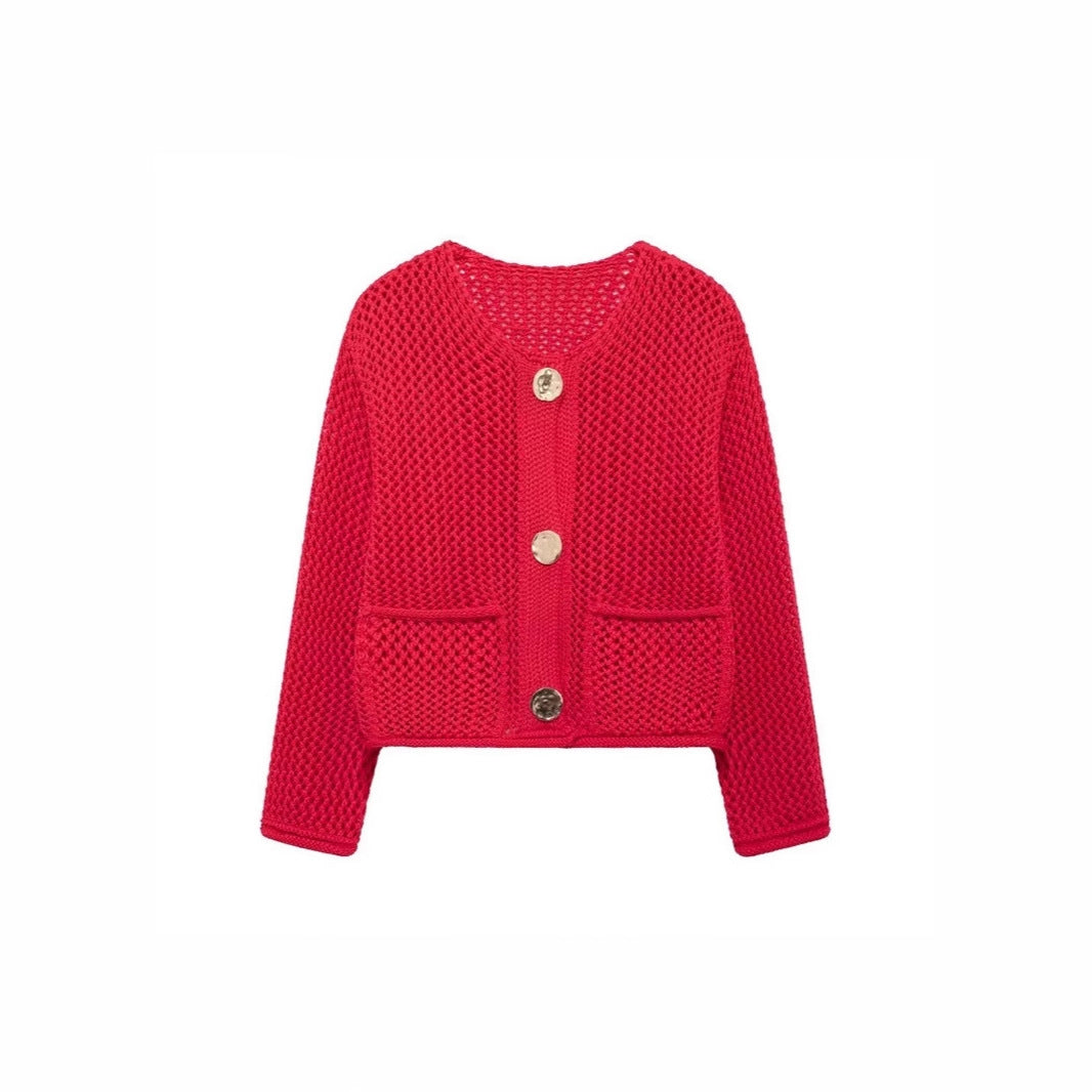 Damen luftige Strickjacke mit durchbrochenem Muster und praktischen Taschen R&B