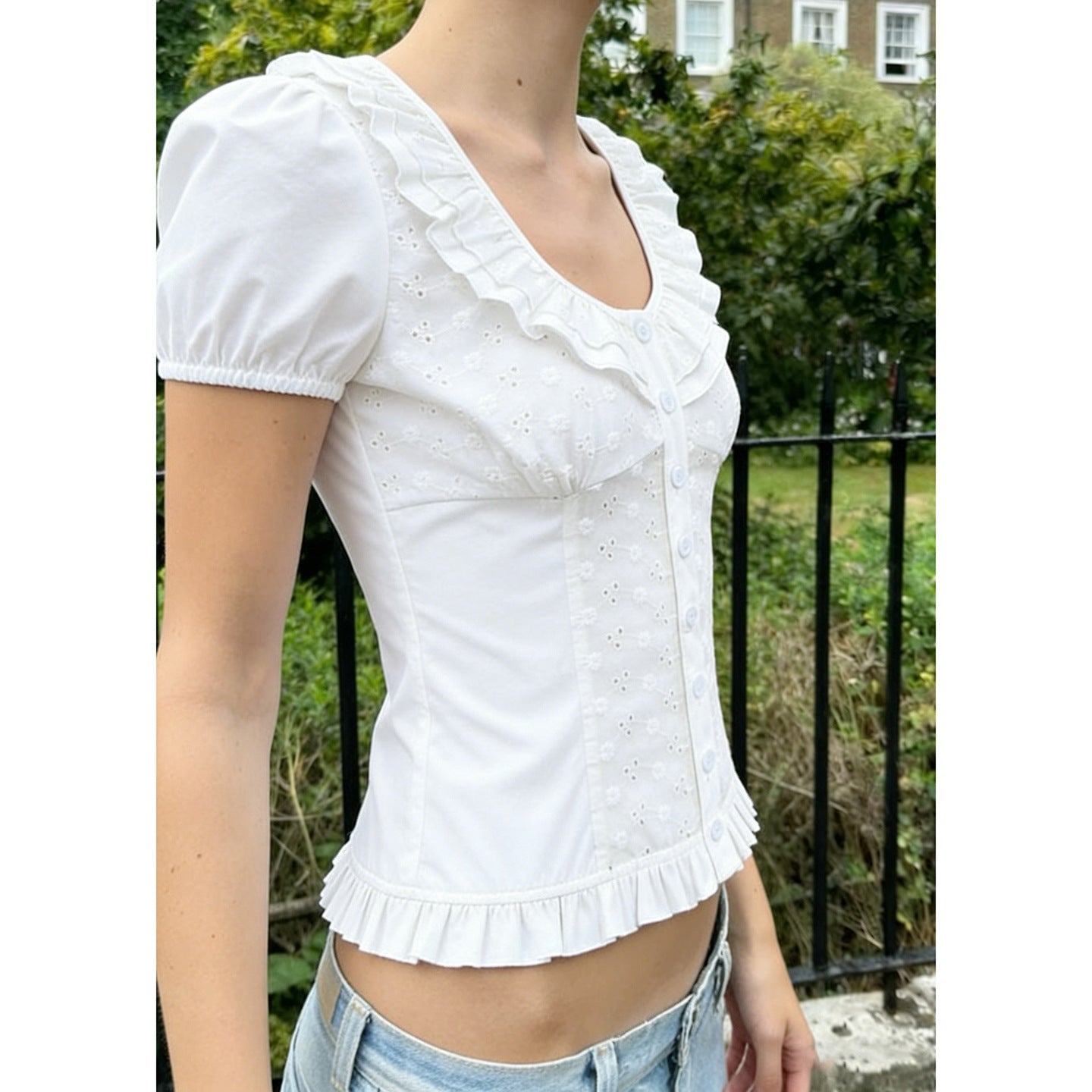 Damen Rüschenshirt mit floralem Design und voluminösen Ärmeln R&B