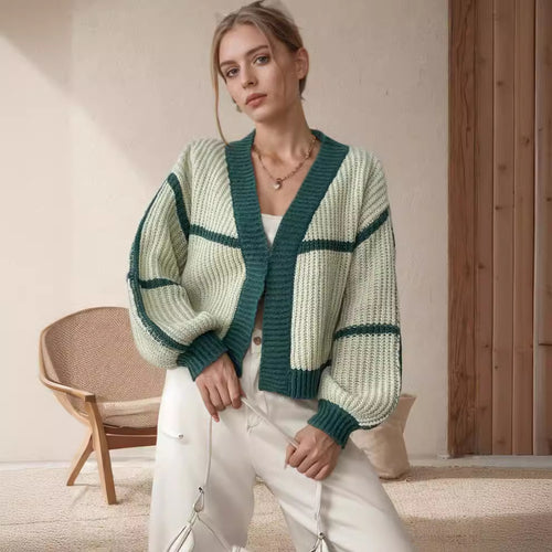 Damen Grobstrickjacke mit voluminösen Ärmeln und modernem Karomuster R&B