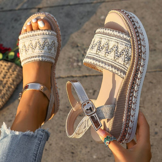 Damen Riemensandalen mit modischer Schmuckverzierung und Plateau-Rand R&B