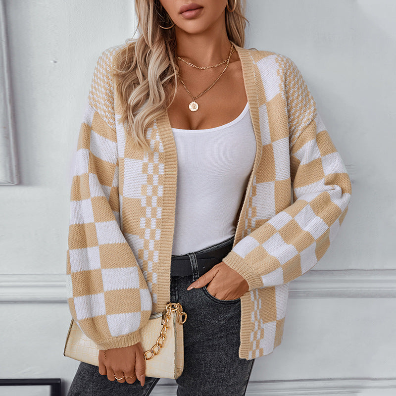Damen lässige Strickjacke im modischen Karomuster R&B