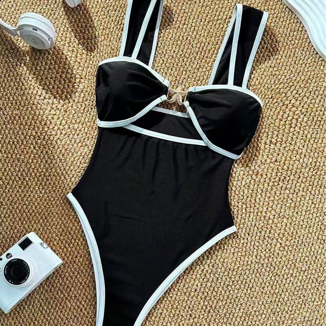Damen Einteiler Badeanzug mit modischem Bustier und verstellbaren Trägern R&B