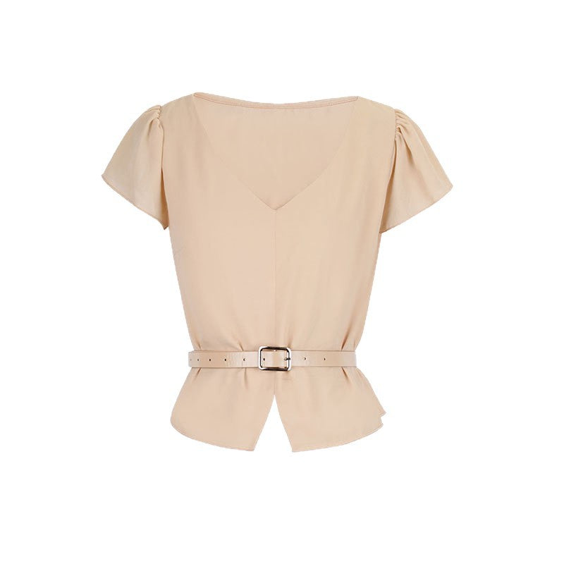 Damen Blusenshirt mit Taillengürtel und elegantem V-Ausschnitt EB