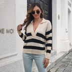 Damen Strickpullover mit großem Kragen und gestreiftem Design R&B