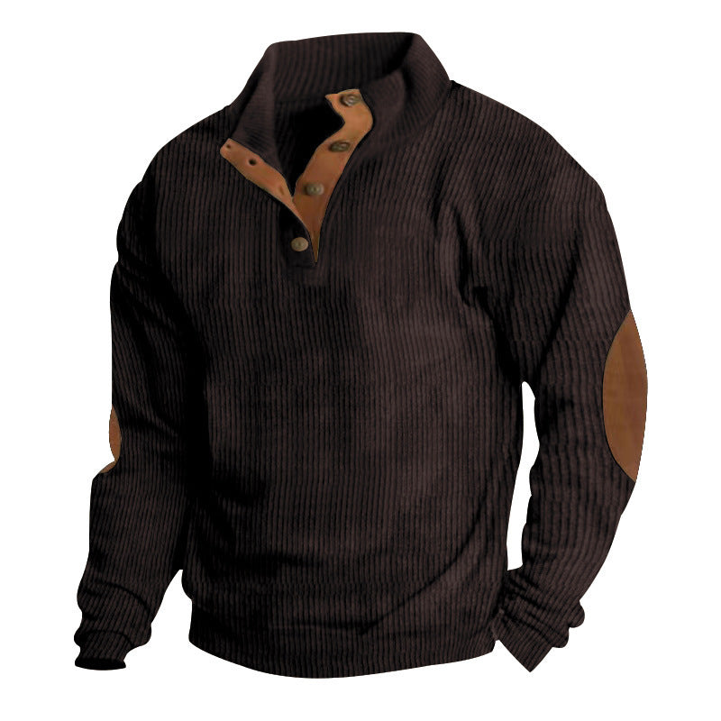 Herren nan grobgestrickter Pullover mit Stehkragen, Knopfleiste und Kunstleder-Ellbogenpatches R&B