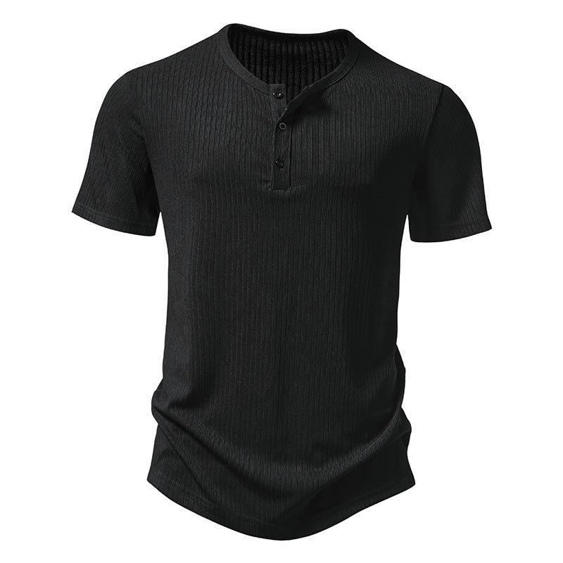Herren stylisches Kurzarm-Henley-Shirt mit strukturiertem Design und zwei Knopf-Details R&B