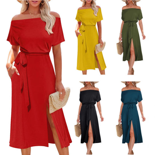 Damen Off-Shoulder Maxikleid mit Taillengürtel und seitlichem Schlitz R&B