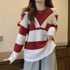 Damen V-Ausschnitt Oversized-Pullover mit modischem Streifenmuster und offenem Schulterdesign R&B
