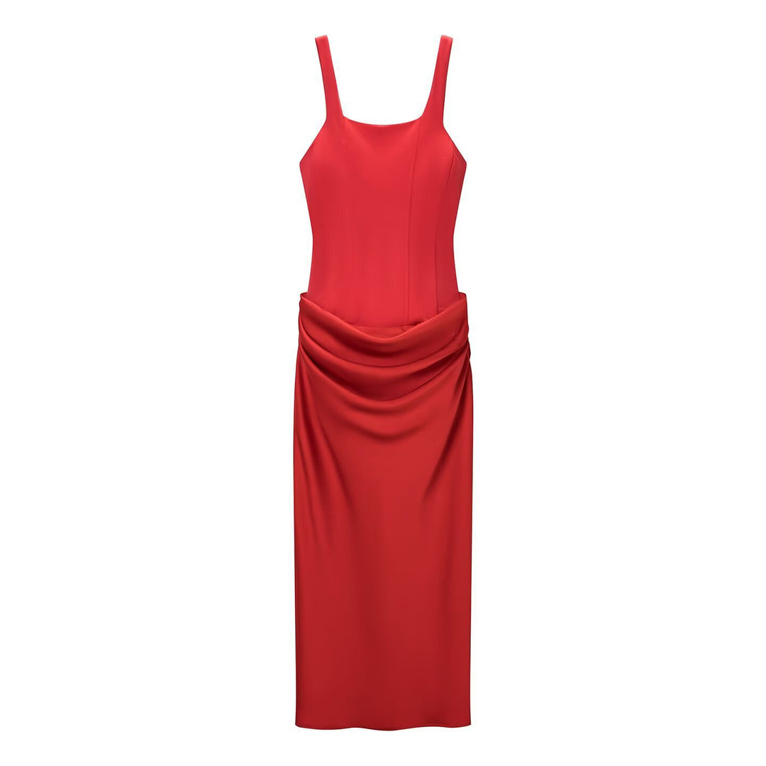 Damen elegantes Midikleid mit raffinierten Drapierungen und verstellbaren Spaghettiträgern R&B