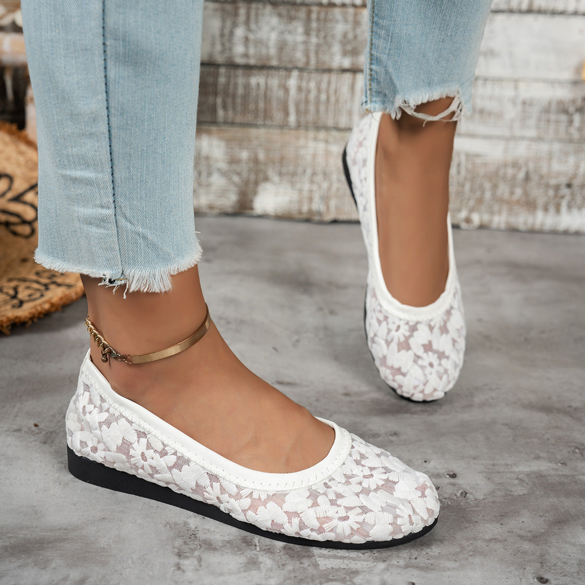 Damen Ballerinas mit zartem Häkelmuster und bequemem Fußbett R&B