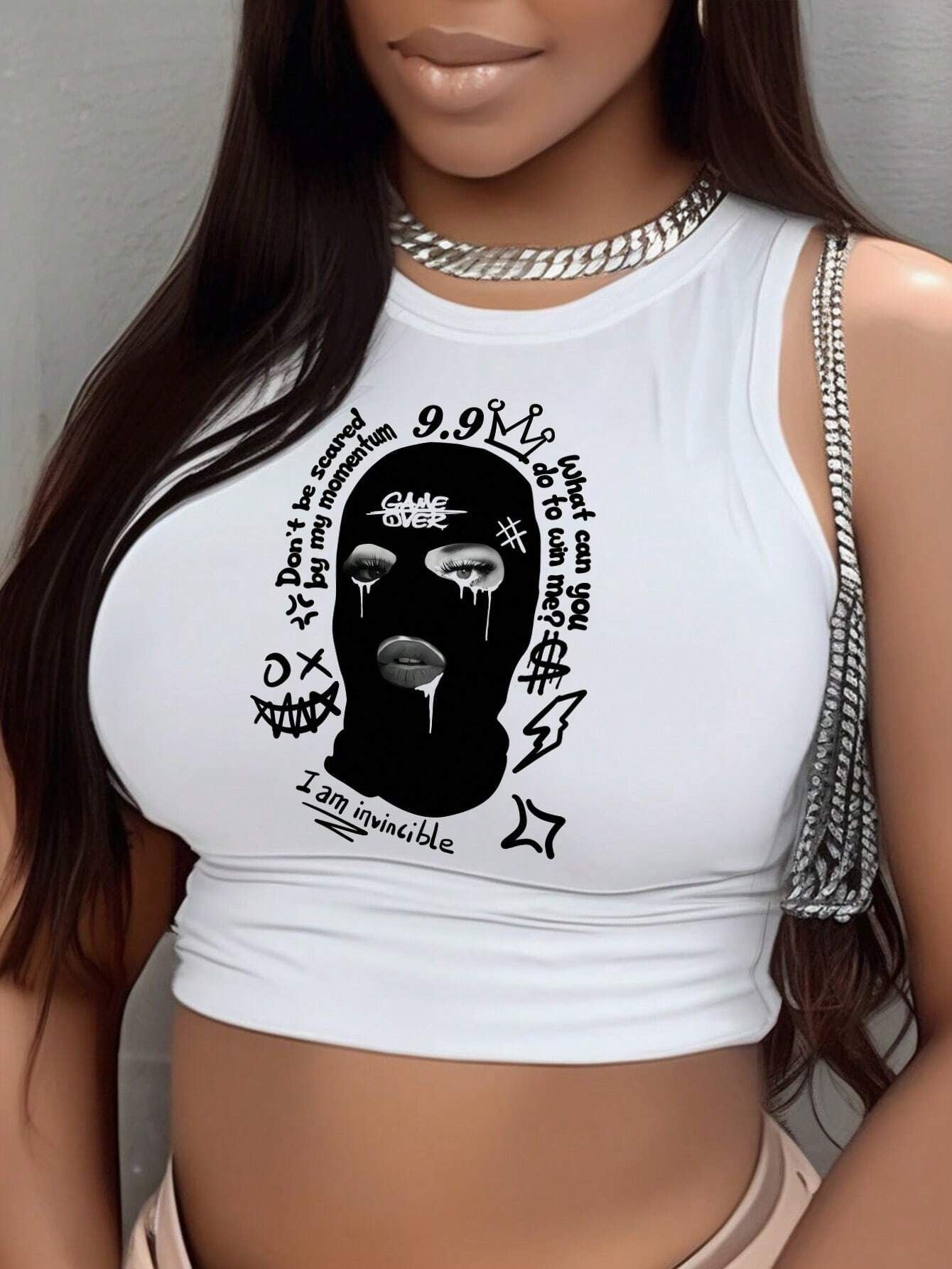 Damen Crop-Top mit modernem Grafikdruck und trendiger Schnalle R&B