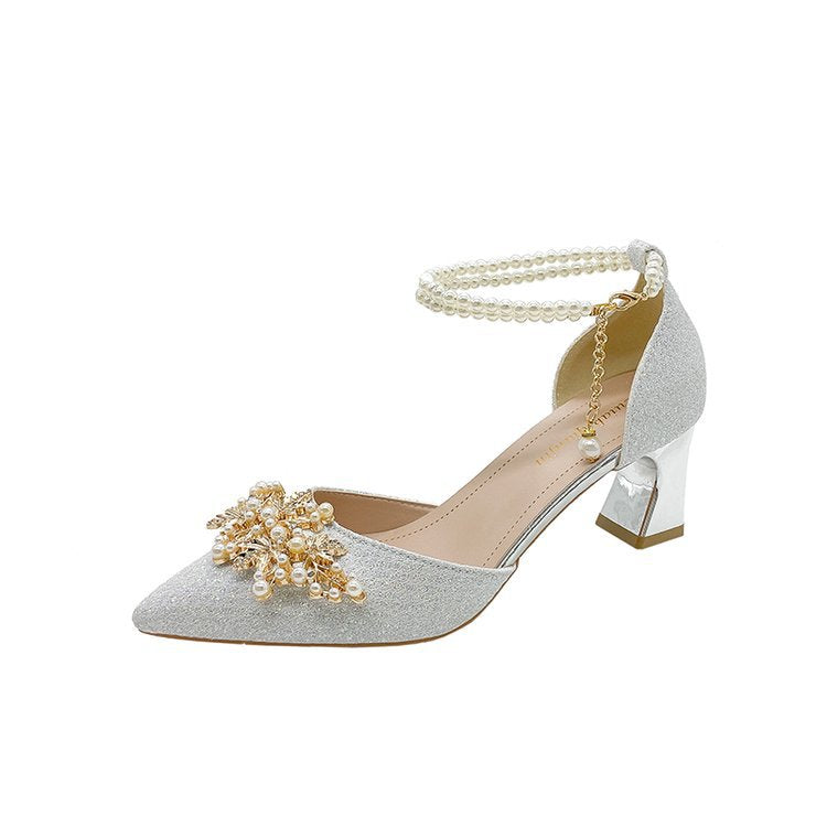 Damen elegante Pumps mit Perlenschmuck und glitzerndem Absatz R&B