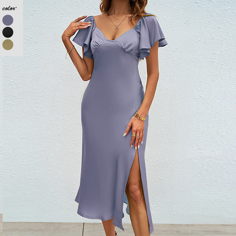 Damen Maxikleid mit eleganten Puffärmeln und seitlichem Schlitz R&B