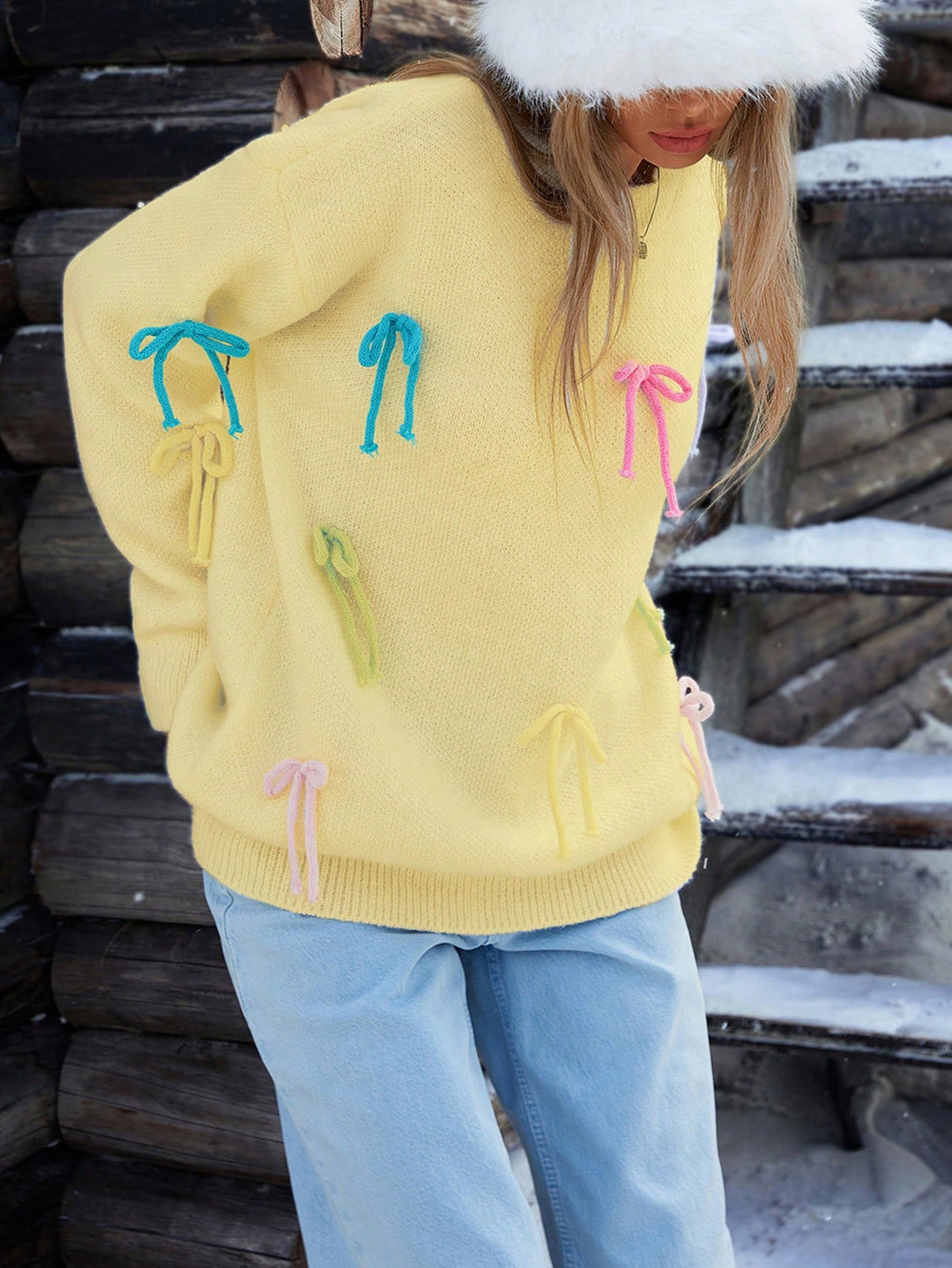 Damen Strickpullover mit verspielten Schleifenapplikationen und lässigem Schnitt R&B