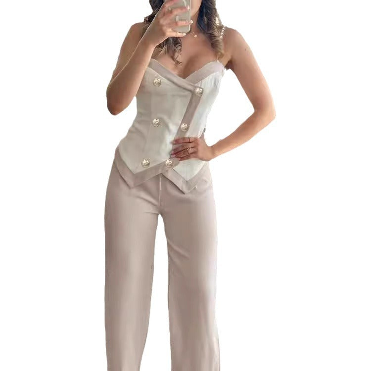 Damen Elegante Cropped Bluse mit Schulterfreischnitt und dekorativen Knöpfen R&B