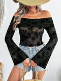 Damen Off-Shoulder Oberteil mit transparentem floralem Design und ausgestellten Ärmeln R&B