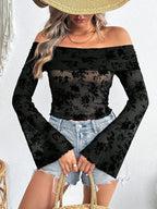 Damen nan schulterfreies Netz-Top mit floraler Samtflock-Applikation, bauchfreiem verkürztem Schnitt und Trompetenärmeln R&B