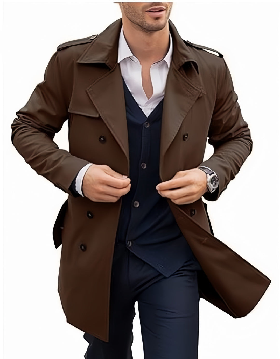 Herren eleganter Trenchcoat mit strukturiertem Design und doppelter Knopfleiste R&B