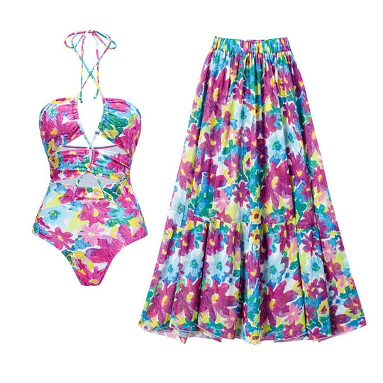Damen Bikiniset mit voluminösen Rüschendetails und fließendem Maxi-Rock R&B