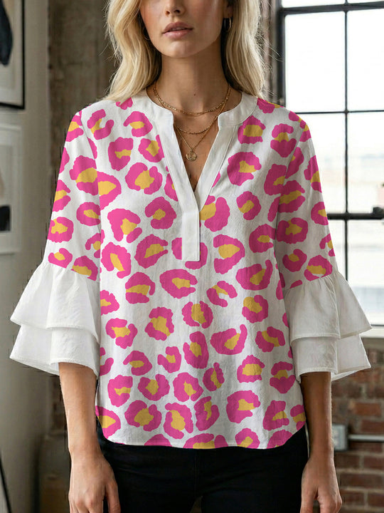 Damen Bluse mit Rüschendetails und auffälligem Animal-Print R&B