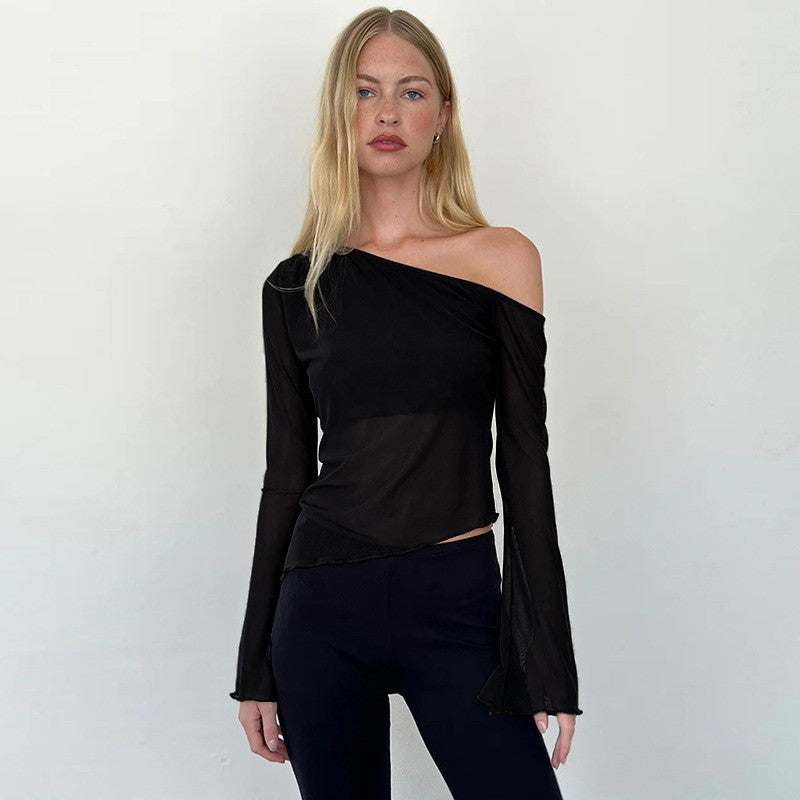 Damen asymmetrisches Langarmshirt mit transparenten Ärmeln und figurbetonter Silhouette R&B
