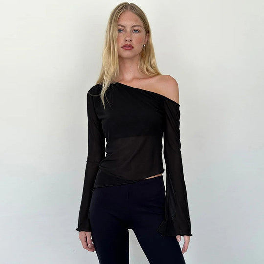 Damen asymmetrisches Langarmshirt mit transparenten Ärmeln und figurbetonter Silhouette R&B