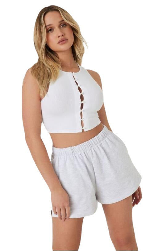 Damen modisches Crop-Top mit Knopfleiste und dezentem Rippdesign R&B