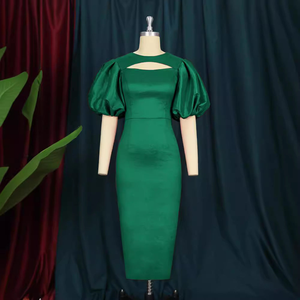 Damen figurbetontes Kleid mit Puffärmeln und Schlüssel-Ausschnitt R&B